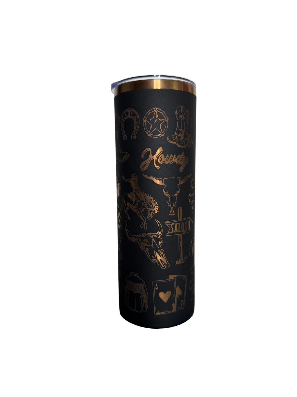 Howdy Western skinny tumbler, angled view